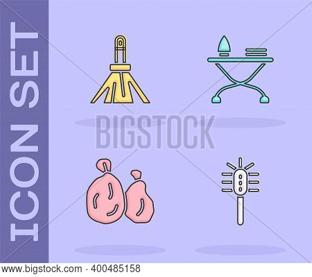 Set Toilet Brush, Handle Broom, Garbage Bag And Iron Ironing Board Icon. Vector