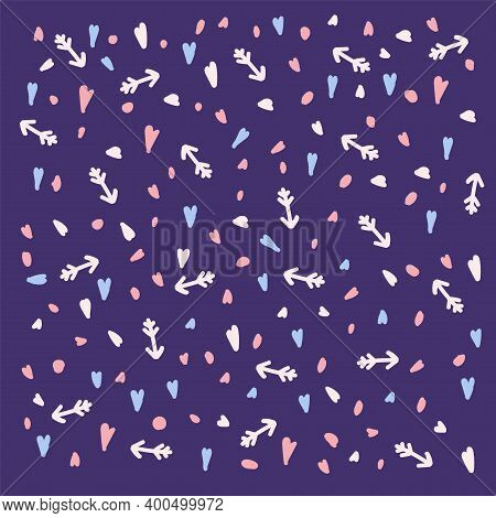 Pattern For The Day Of Love In The Style Of Doodle. Background Of Hearts With Cupids Arrows. Texture