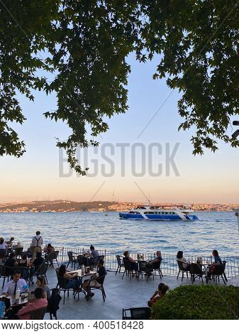 Istanbul, Turkey - September 1, 2020: Cafe In Dolmabahce Palace At Dusk