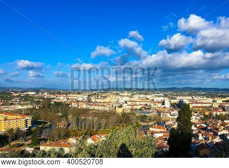 View On Tomar, Portugal From The Hill. Blue Sky With Clouds. Copy Space
