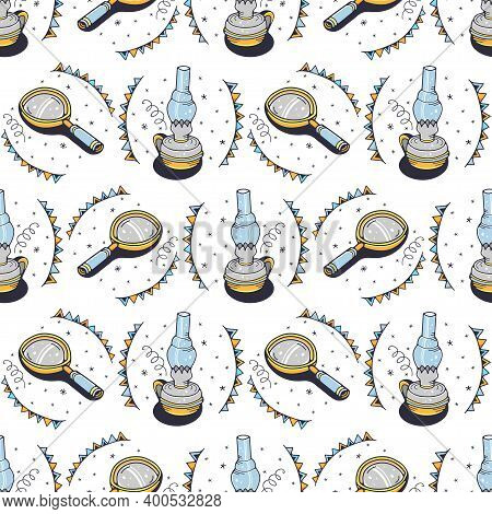 Kerosene Lamps And Magnifiers. Seamless Pattern On A White Background. Cute Vector Illustration.