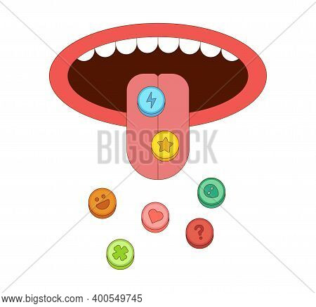 Tongue With Ecstasy Pills Vector Illustration In Cartoon Style. Drug Abuse Addiction Concept. Many M