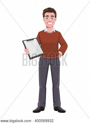Stock Vector Successful Business Man Holding Blank Clipboard. Manager Character Design. Flat Style V