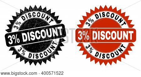 Black Rosette 3 Percent Discount Seal Stamp. Flat Vector Scratched Seal Stamp With 3 Percent Discoun