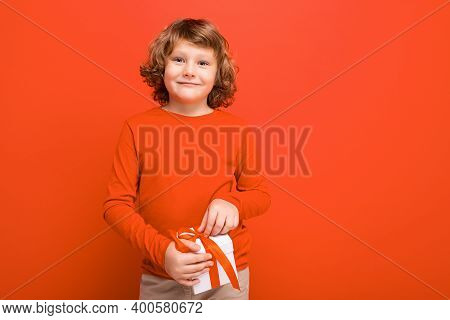 Positive Smiling Blonde Curly Boy Isolated Over Red Background Wall Wearing Red Sweater Holding Gift