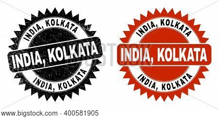 Black Rosette India, Kolkata Stamp. Flat Vector Textured Stamp With India, Kolkata Phrase Inside Sha