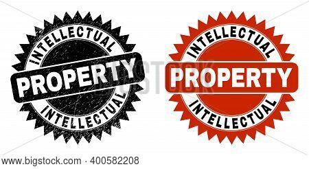 Black Rosette Intellectual Property Seal Stamp. Flat Vector Grunge Seal Stamp With Intellectual Prop