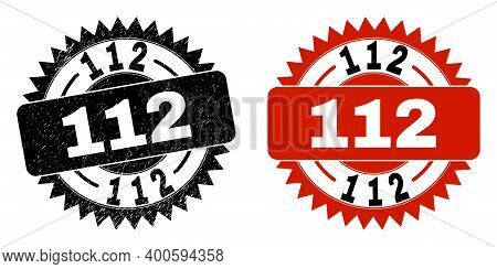 Black Rosette 112 Seal Stamp. Flat Vector Scratched Seal Stamp With 112 Phrase Inside Sharp Star Sha