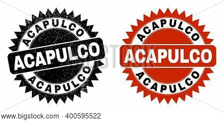 Black Rosette Acapulco Watermark. Flat Vector Textured Seal Stamp With Acapulco Message Inside Sharp