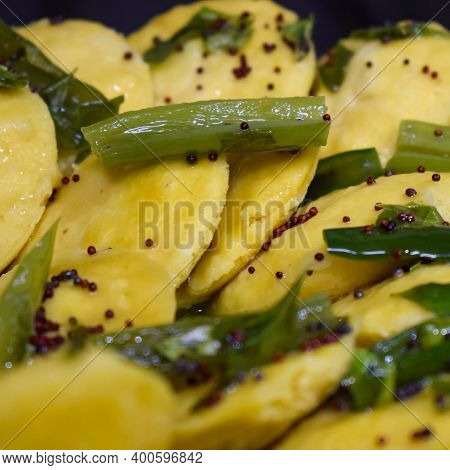 Dhokla Khaman Home Made With Coriander Garnishing On Plate, Fresh And Hot Yellowish Khaman Dhokla Wi
