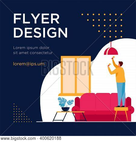 Man Inserting Light Bulbs Into Chandelier. Repair, Lighting. Flat Vector Illustration. Housekeeping 