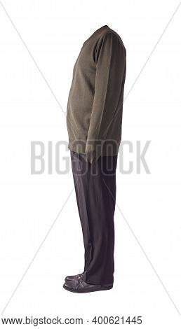 Mens Dark Green Knitten Bomber Jacket , Black Pants And Black Leather Shoes Isolated On White Backgr