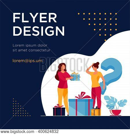 Woman Offering Presents To Woman In Shop. Assistance, Choice. Flat Vector Illustration. Gifts And Se