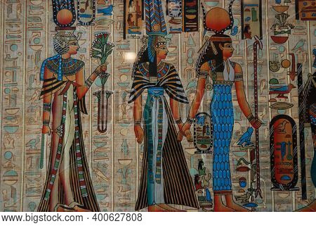 Souvenir Shop Selling A Variety Of Papyri With Traditional Egyptian Paintings