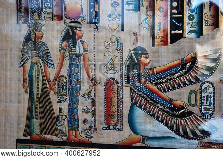 Souvenir Shop Selling A Variety Of Papyri With Traditional Egyptian Paintings
