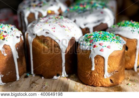 Many Traditional Eastern Europe Russian And Ukrainian Easter Cake Kulich Decorated With Sweet Sugar 