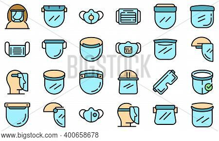 Face Shield Icons Set. Outline Set Of Face Shield Vector Icons Thin Line Color Flat On White