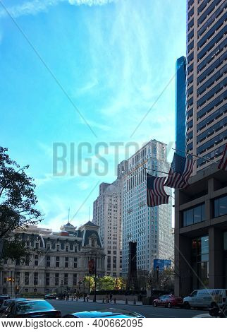 Philadelphia, Usa - November 6, 2016: Philadelphia Downtown, Blue Sky