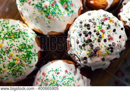Many Traditional Eastern Europe Russian And Ukrainian Easter Cake Kulich Decorated With Sweet Sugar 