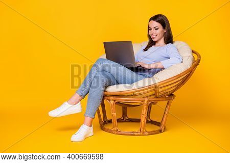 Profile Side View Of Her She Nice Attractive Pretty Focused Smart Cheerful Girl Sitting In Wicker Ch