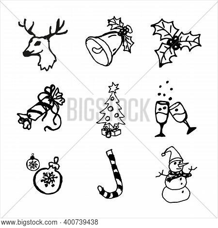 Hand-drawn Christmas Icons. New Year Collection Icons. Merry Christmas Happy New Year Seamless Backg