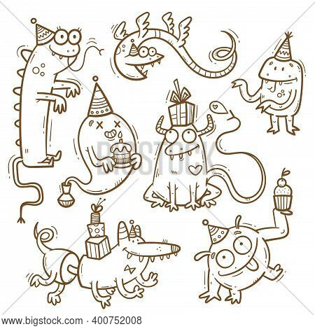 Birthday Set  With Cute Cartoon Monsters In Party Hats. Vector Doodle Collection. Little Funny Anima