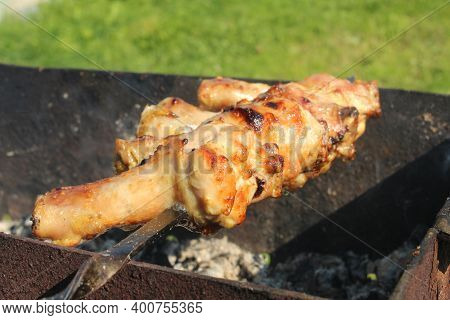 Chicken Legs Are Grilled Skewers Over Charcoal Barbecue Picnic