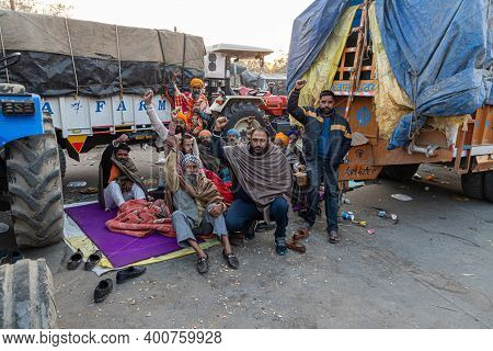 New Delhi, India - December 2020: Portrait Of Group Of Farmers During The Protest At Delhi Haryana B