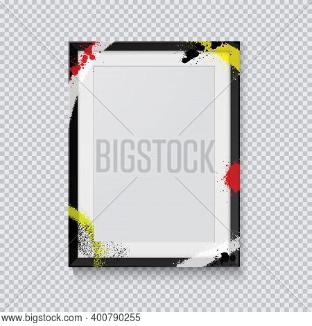 Realistic Black Photo Frame Painted With Graffiti Paint On A Transparent Background. Vector Illustra