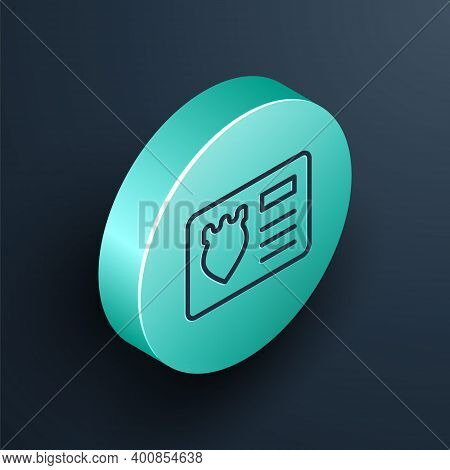 Isometric Line Police Badge With Id Case Icon Isolated On Black Background. Turquoise Circle Button.