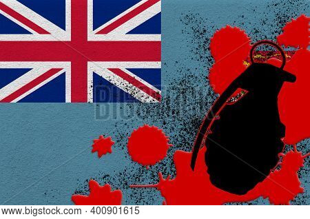 Fiji Flag And Mk2 Frag Grenade In Red Blood. Concept For Terror Attack Or Military Operations With L