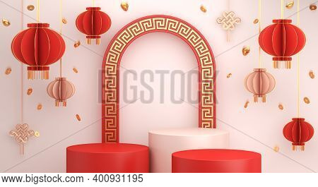 Happy Chinese New Year Or Mid Autumn Festival Podium Display Mockup Background With Lantern Golden C