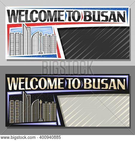 Vector Layouts For Busan With Copy Space, Decorative Voucher With Outline Illustration Of Modern Bus