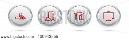 Set Line Chainsaw, Vacuum Cleaner, Rotary Hammer Drill Machine And Computer Monitor. Silver Circle B