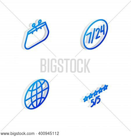 Set Isometric Line Clock 24 Hours, Wallet, Worldwide And Consumer Customer Product Rating Icon. Vect