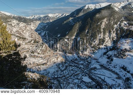 Cityscape Of Canillo In Andorra In Winter With Lots Of Snow.