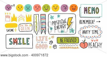 Diary Cute Note Elements. Hand Drawn Doodles Bullet Journal Banners.