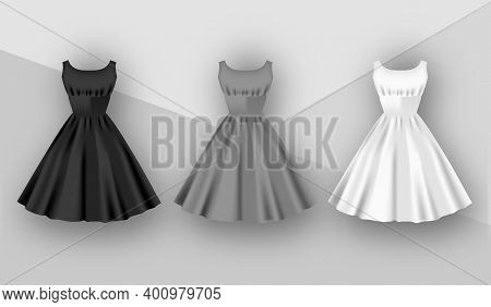 Female Dresses Mockup Collection. Dress With Puffy Skirt With Pleats. Realistic Festive 3d Dress Wit