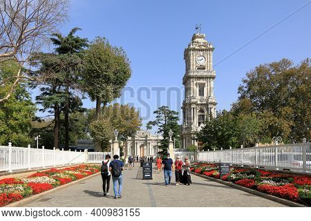 Istanbul, Turkey - October 06, 2020. Dolmabahce Palace. View Of The Clock Tower. Besiktas District, 