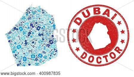 Vector Mosaic Dubai Emirate Map With Treatment Icons, Hospital Symbols, And Grunge Health Care Impri