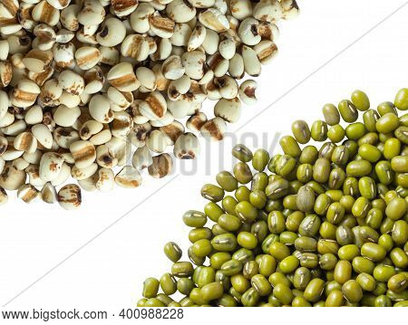 White Job's Tears, Adlay Millet Or Pearl Millet And Mung Bean Isolated On White Background. Raw Food