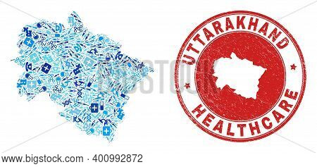 Vector Collage Uttarakhand State Map With Syringe Icons, Analysis Symbols, And Grunge Healthcare Sta