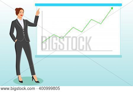 Business Woman Pointing At Presentation Screen Board. Business Seminar, Review Of Financial, Marketi