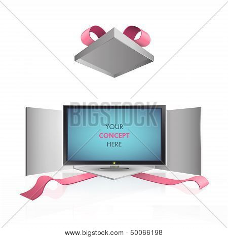 Realistic Tv Inside Gift Box. Vector Design.