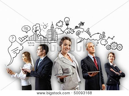 Image of young businesspeople team. Collage background