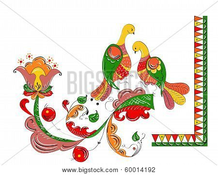 Russian traditional ornament with paradise birds and flowers of Severodvinsk region