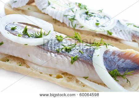 Sandwiches of white bread with herring onions and herbs on white