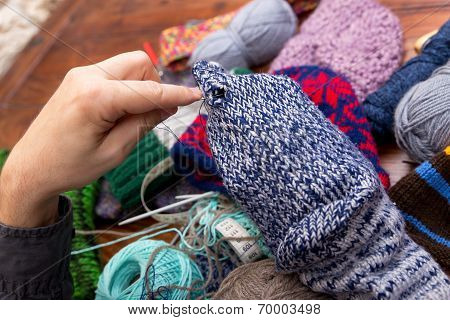 Male Hands Darn Wool Socks