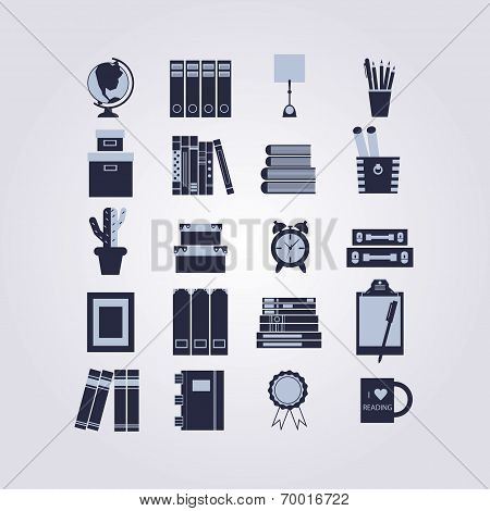 Educational library studying and some shelf decoration icons set