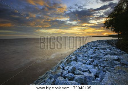 Sun Set With Rock Dam Sea Coast Bank Protection Perspective Line